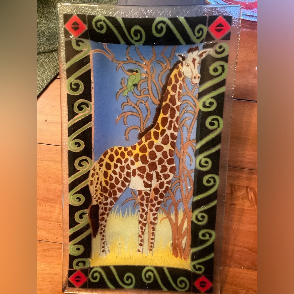 Peggy Karr Glass 17”x9” Rectangle Giraffe Design Serving Platter Handmade